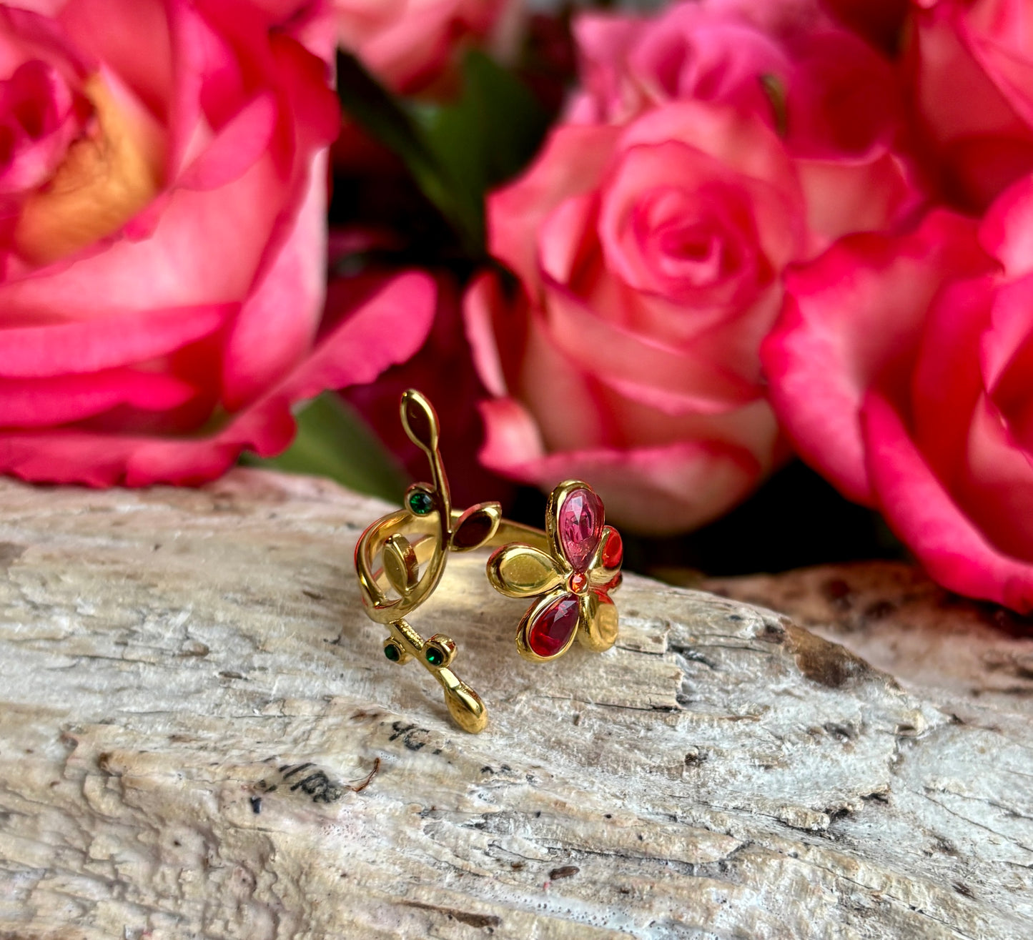 18ct Gold Plated Colourful Crystal Flower Ring