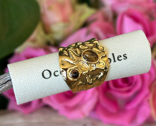 18ct Gold Plated Adjustable Tiger's Eye Hammered Ring    