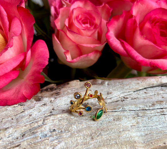 18ct Gold Plated Colourful Crystal Leaf Ring