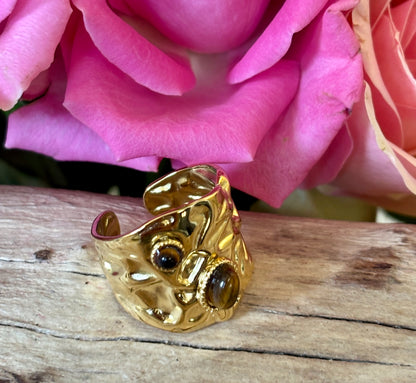 18ct Gold Plated Adjustable Tiger's Eye Hammered Ring    