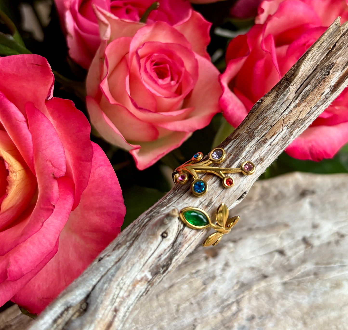 18ct Gold Plated Colourful Crystal Leaf Ring