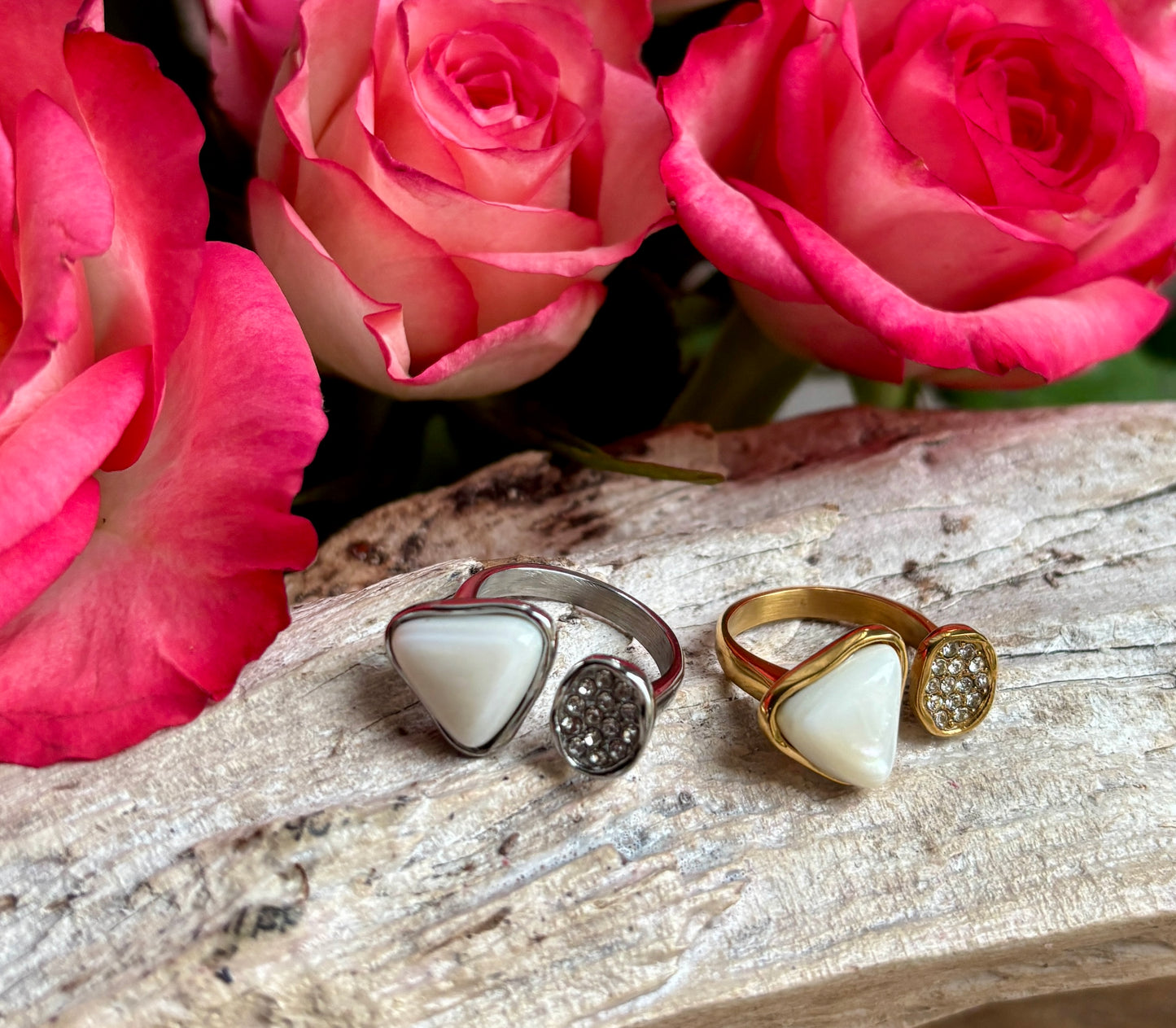 18ct Gold Plated Cubic Zirconia White Shell  Open Top Leaf Ring - Available in Silver