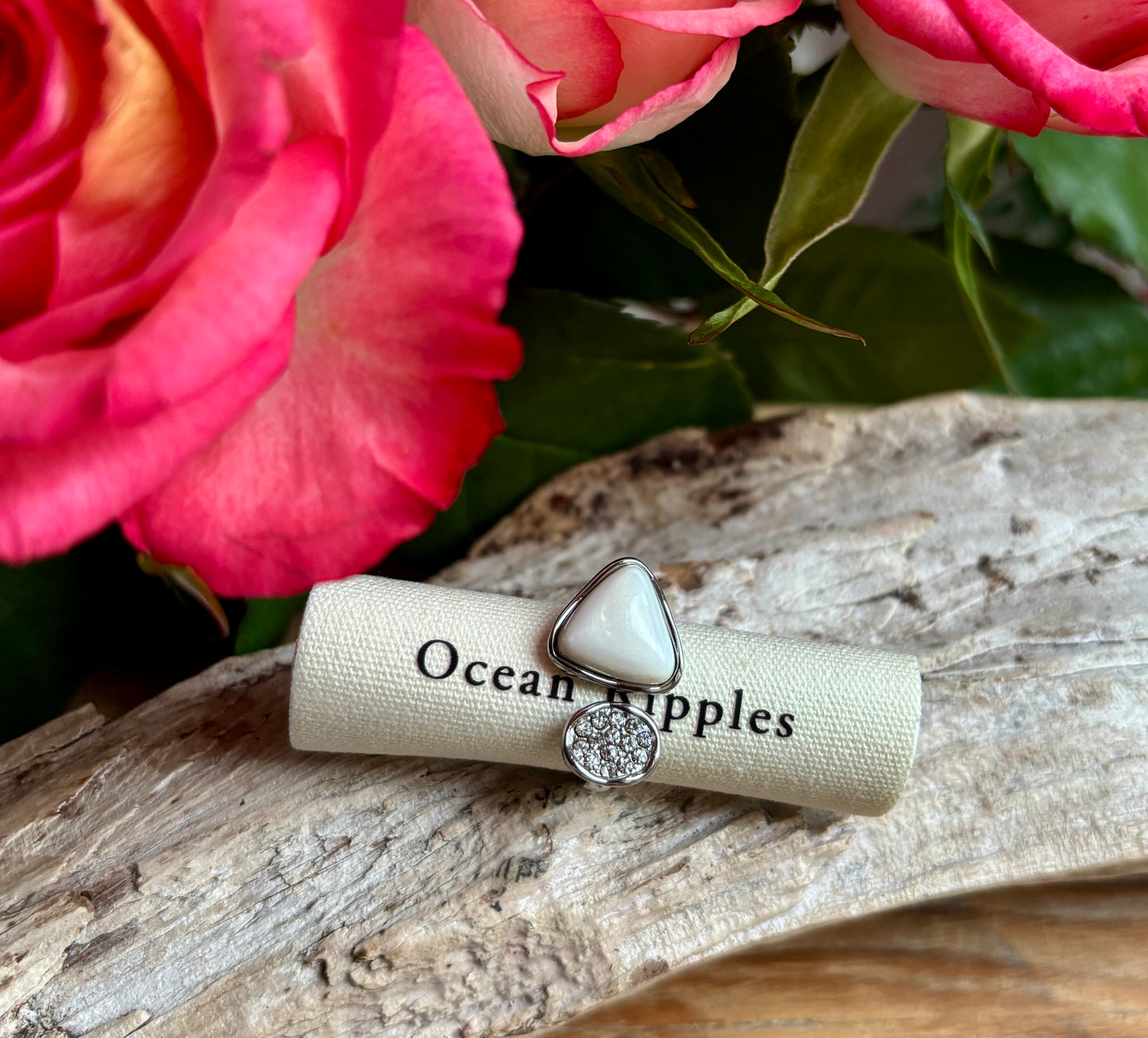 18ct Gold Plated Cubic Zirconia White Shell  Open Top Leaf Ring - Available in Silver