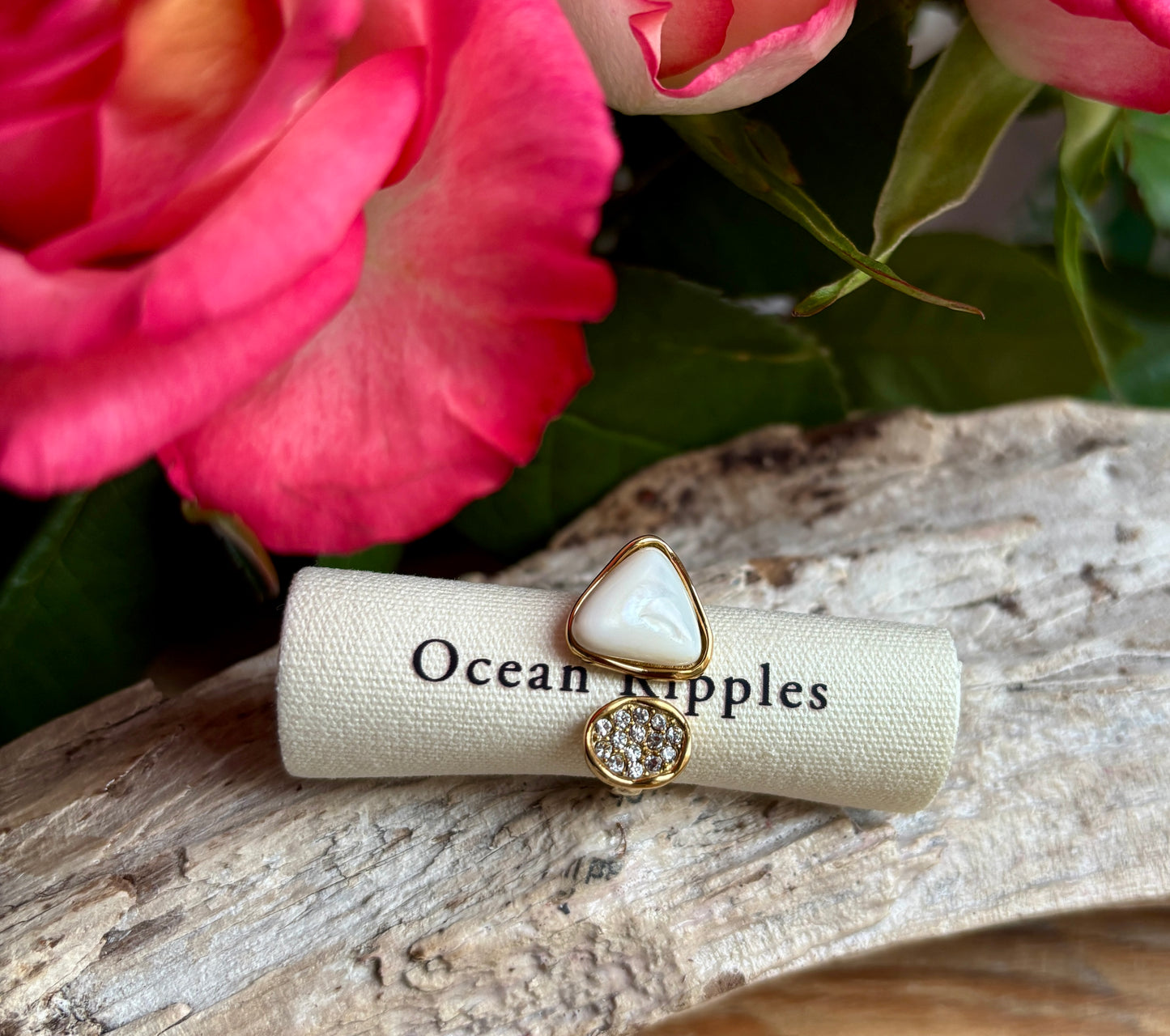 18ct Gold Plated Cubic Zirconia White Shell  Open Top Leaf Ring - Available in Silver