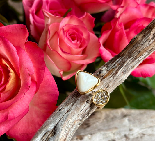 18ct Gold Plated Cubic Zirconia White Shell  Open Top Leaf Ring - Available in Silver