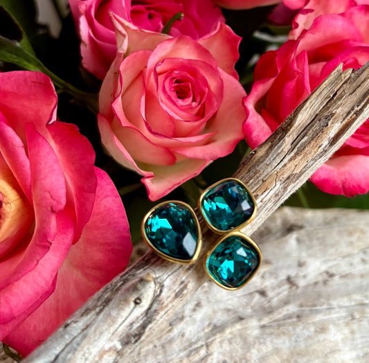 18ct Gold Plated Teal Faceted Glass Ring