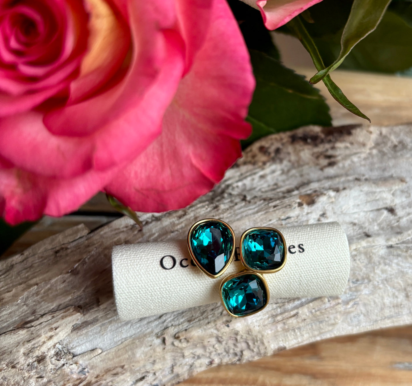 18ct Gold Plated Teal Faceted Glass Ring