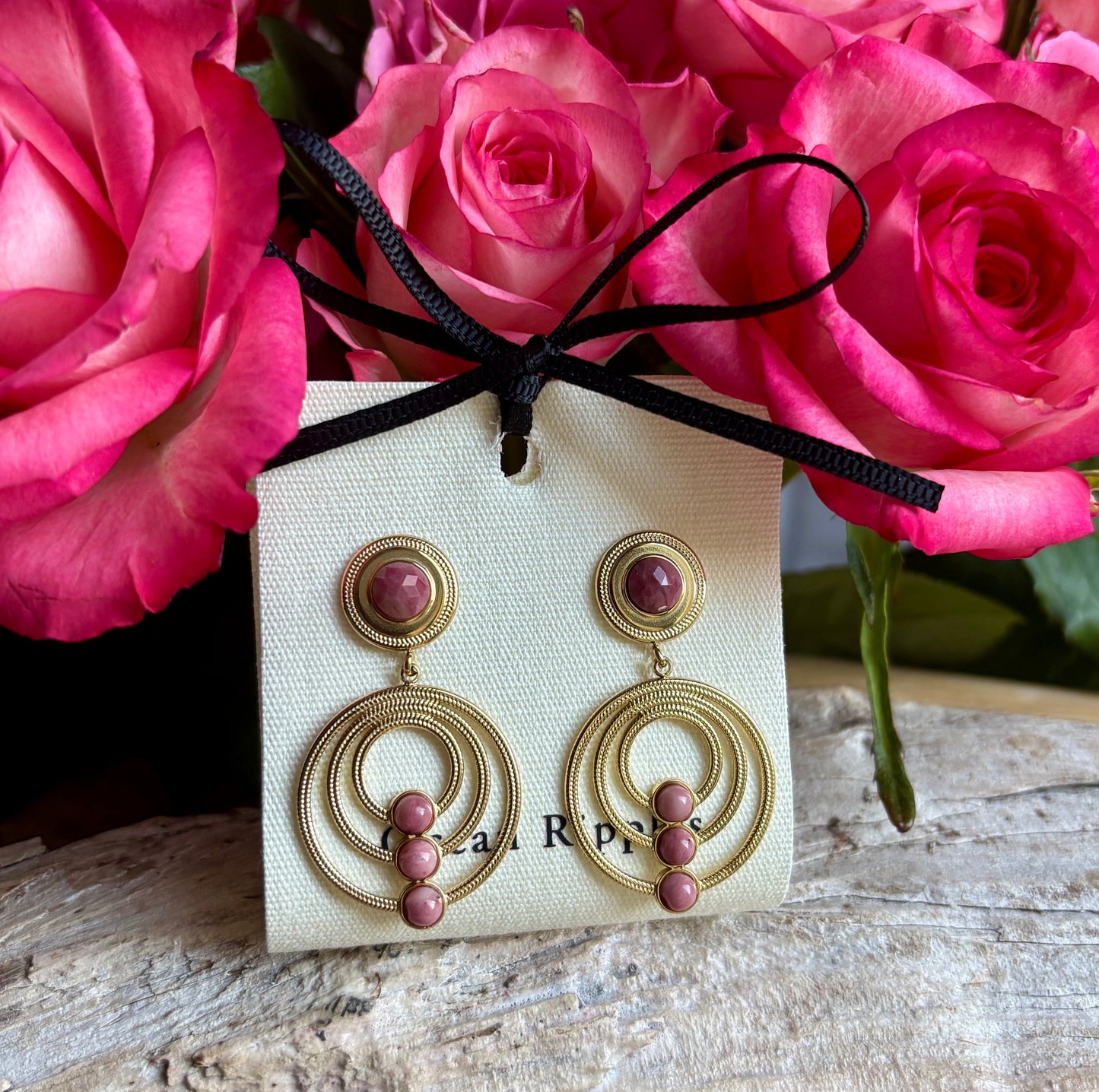 18ct Gold Plated Natural Stone Hoop Earrings - Available in Two Options