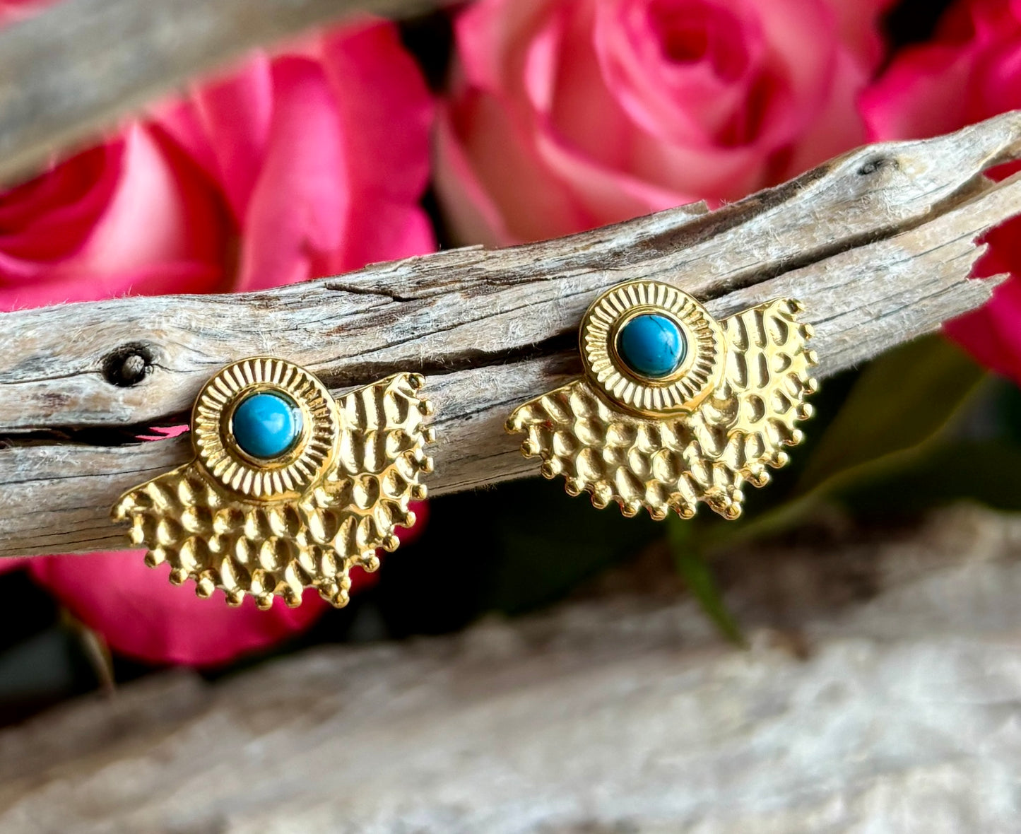 18ct Gold Plated Turquoise Peacock Fan Earrings