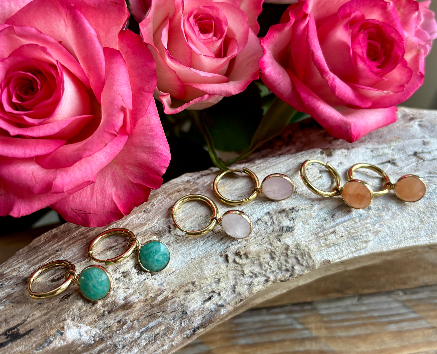 18ct Gold Plated Huggie Earrings with Natural Stones – Available in Three Options