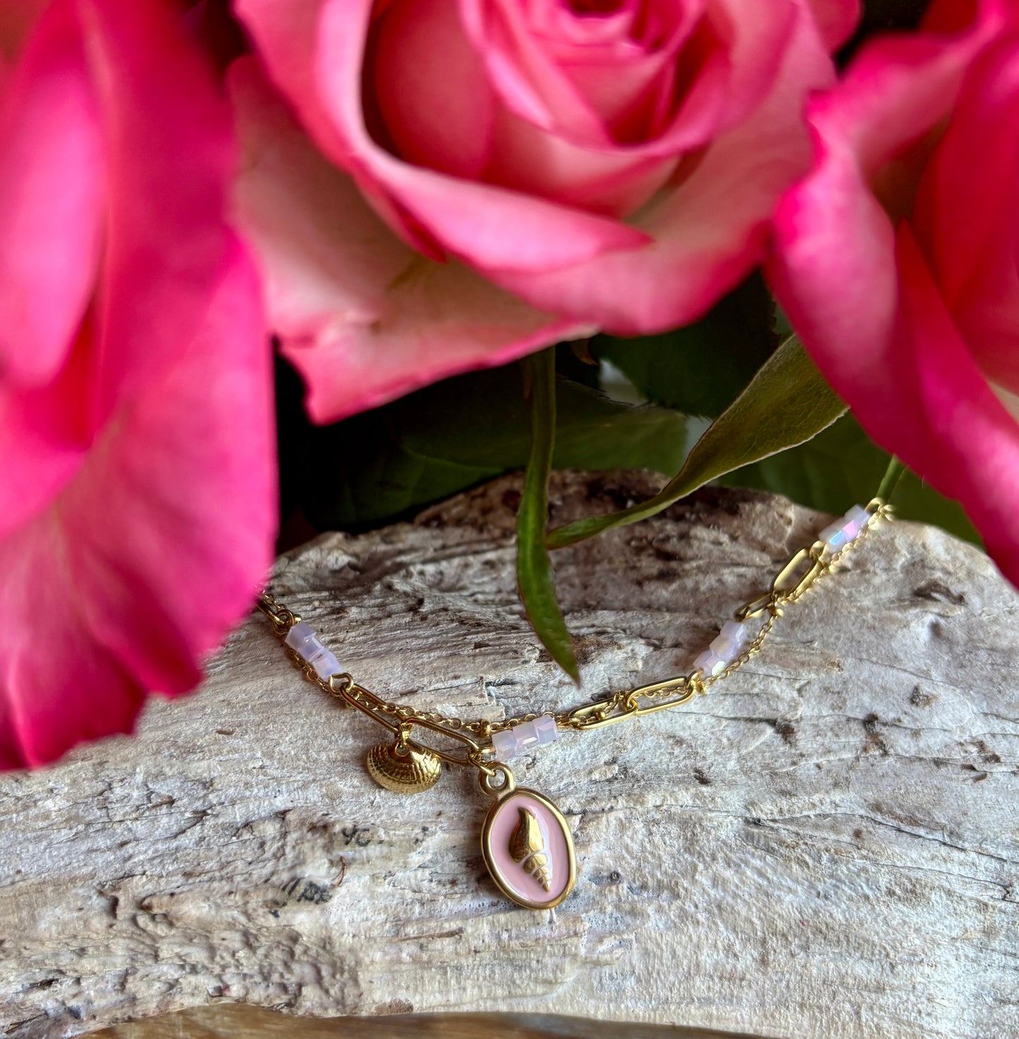 18ct Gold Plated Rose Quartz Shell Charms Bracelet