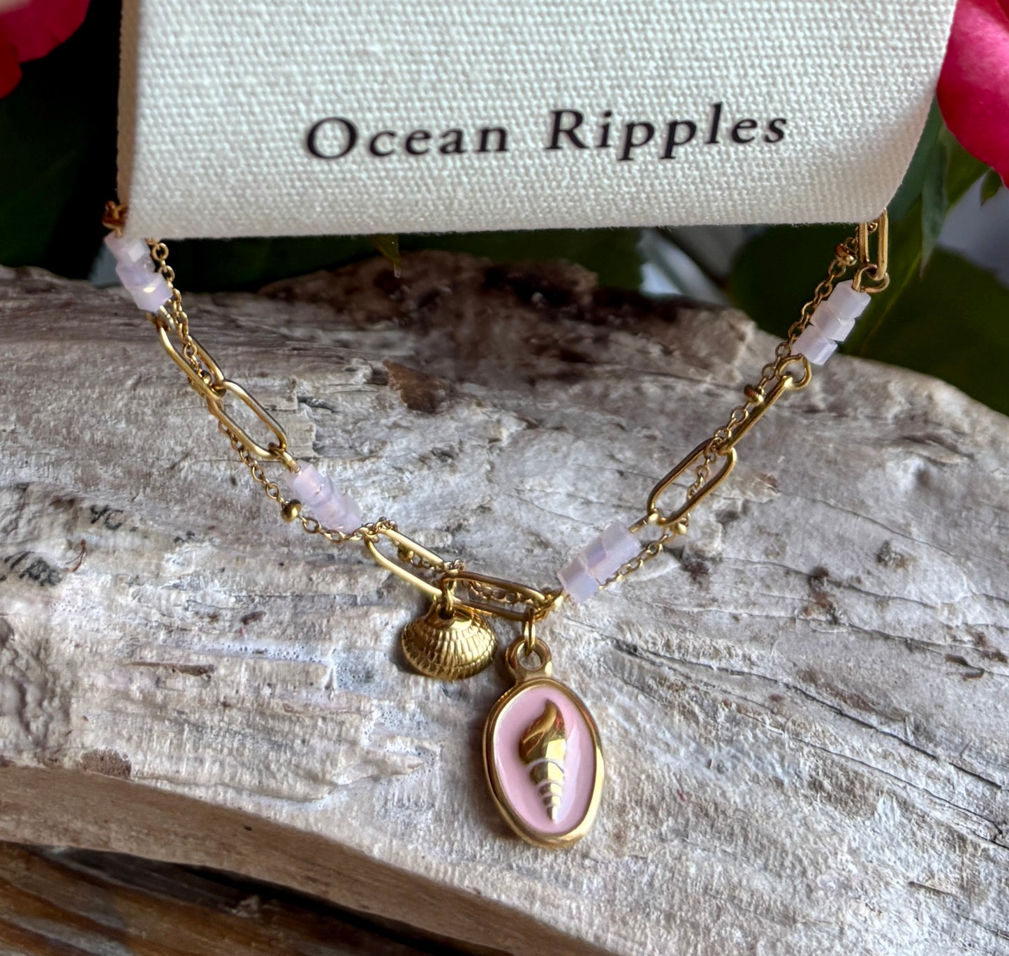 18ct Gold Plated Rose Quartz Shell Charms Bracelet