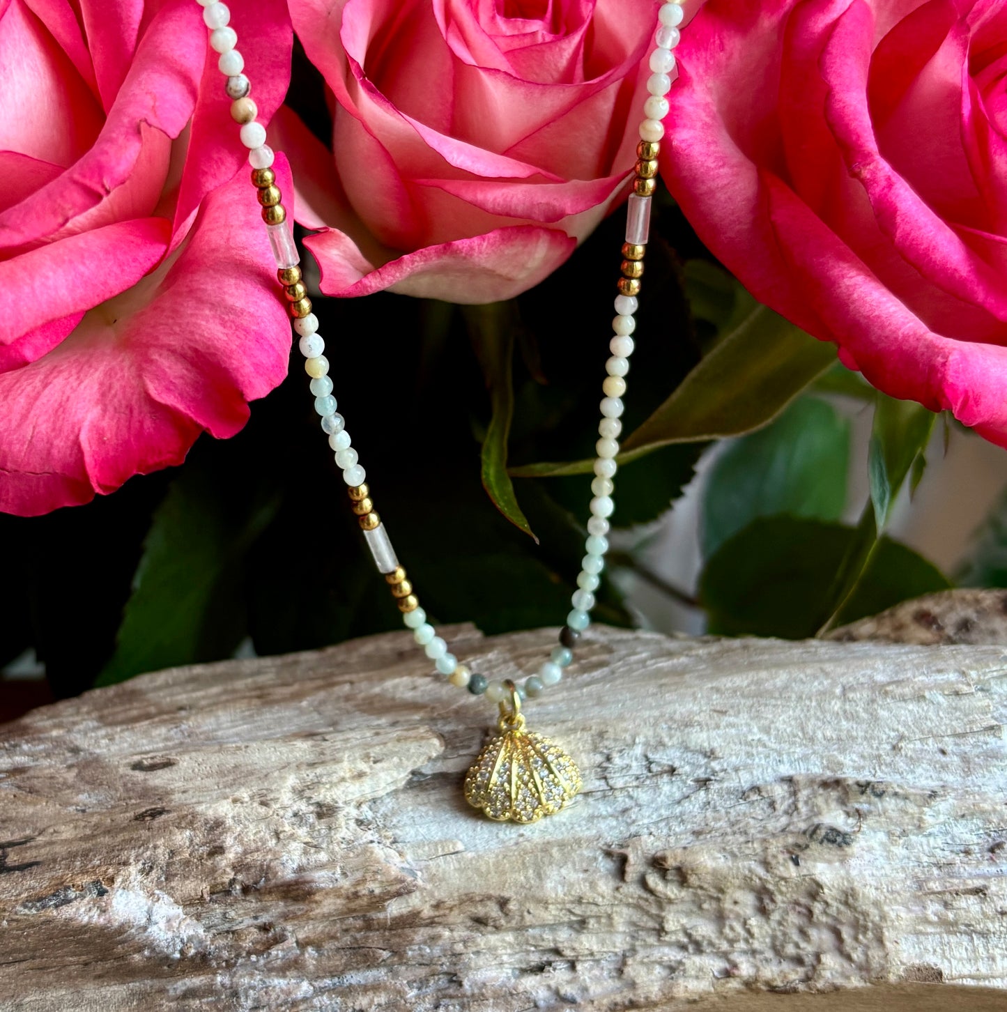 18ct Gold Plated Natural Stone Cubic Zirconia Shell Charm Necklace