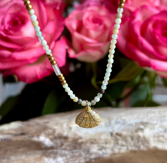 18ct Gold Plated Natural Stone Cubic Zirconia Shell Charm Necklace