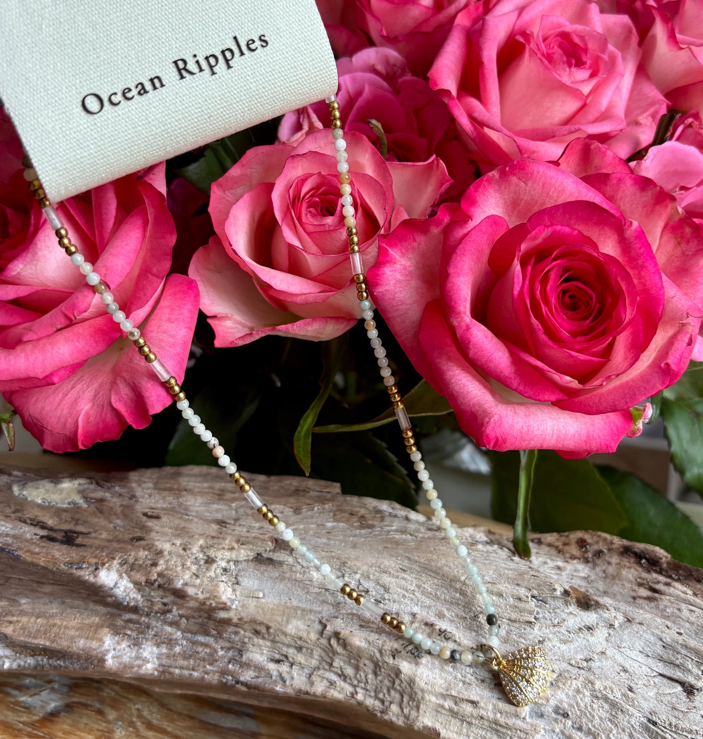 18ct Gold Plated Natural Stone Cubic Zirconia Shell Charm Necklace