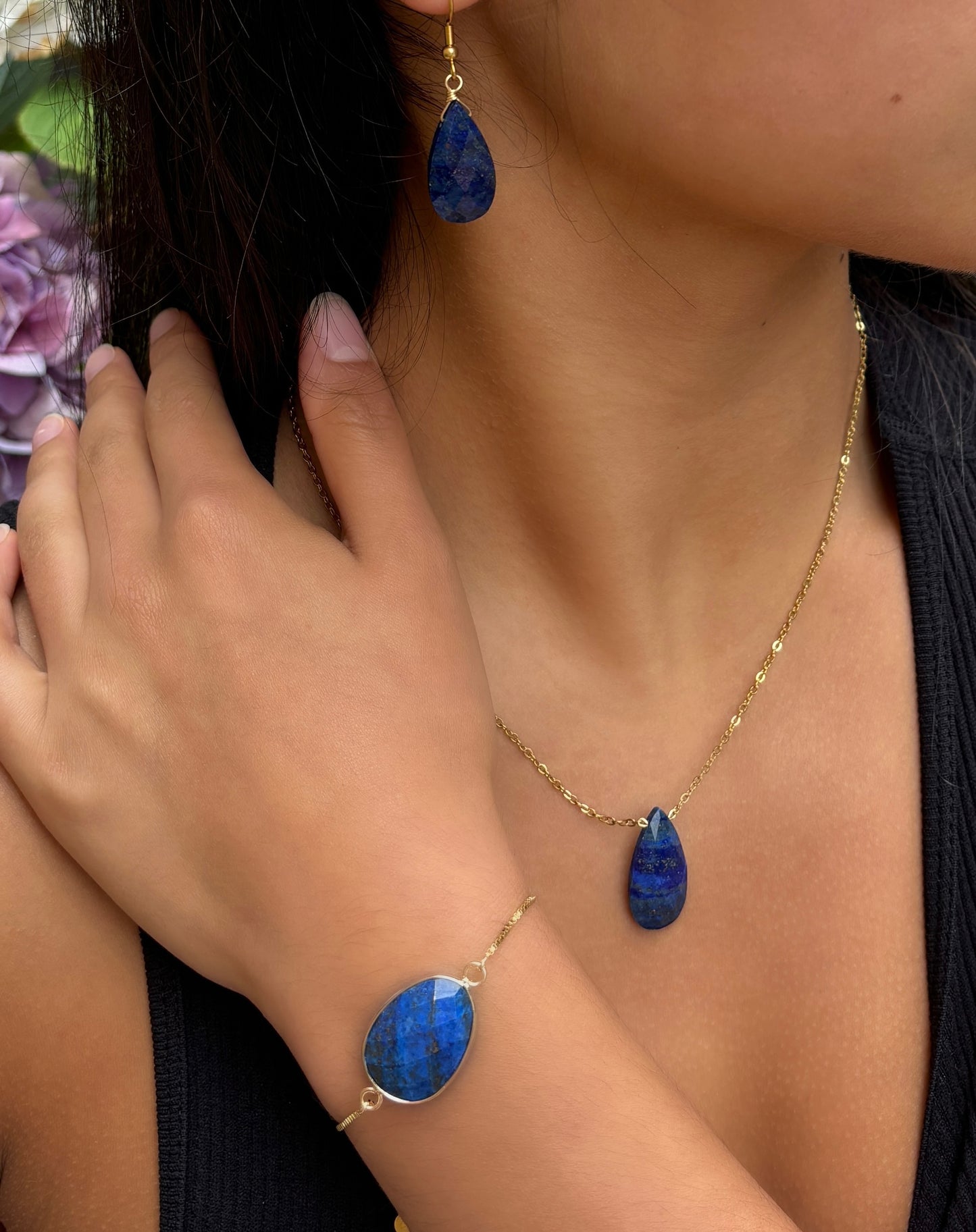 Personalised 18ct Gold Plated Lapis Lazuli Drop Necklace + Free Matching Bracelet