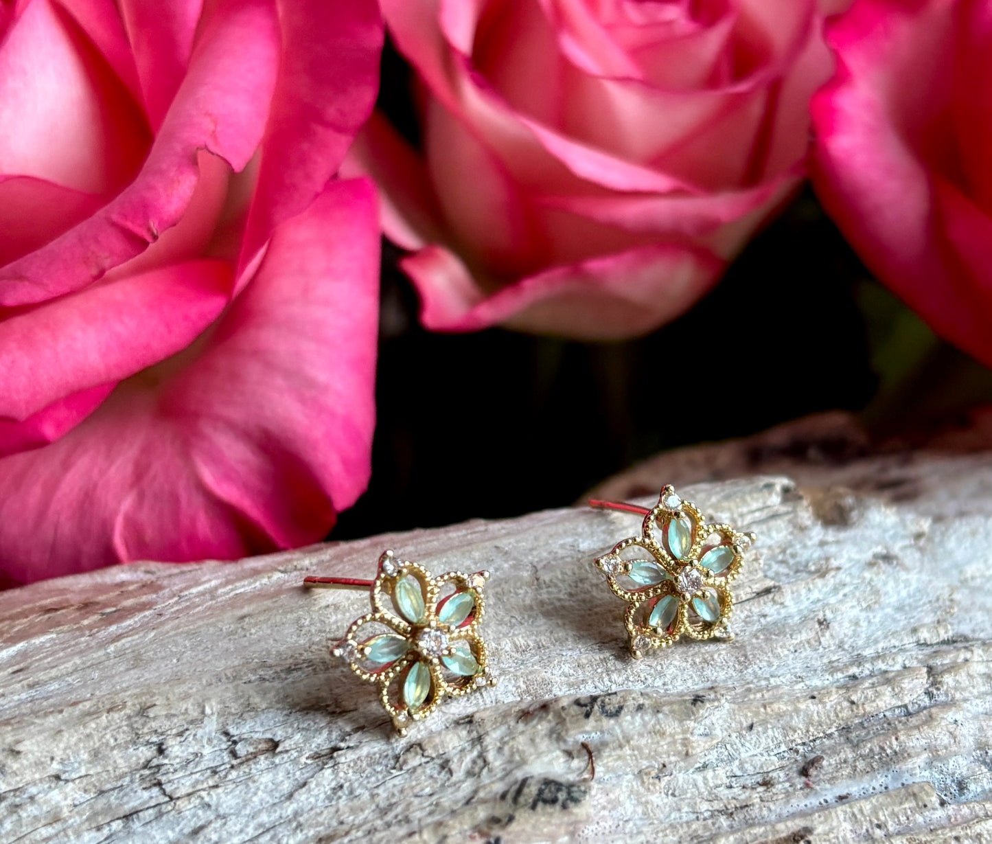 14ct Gold Plated Cubic Zirconia Green Petal Flower Earrings
