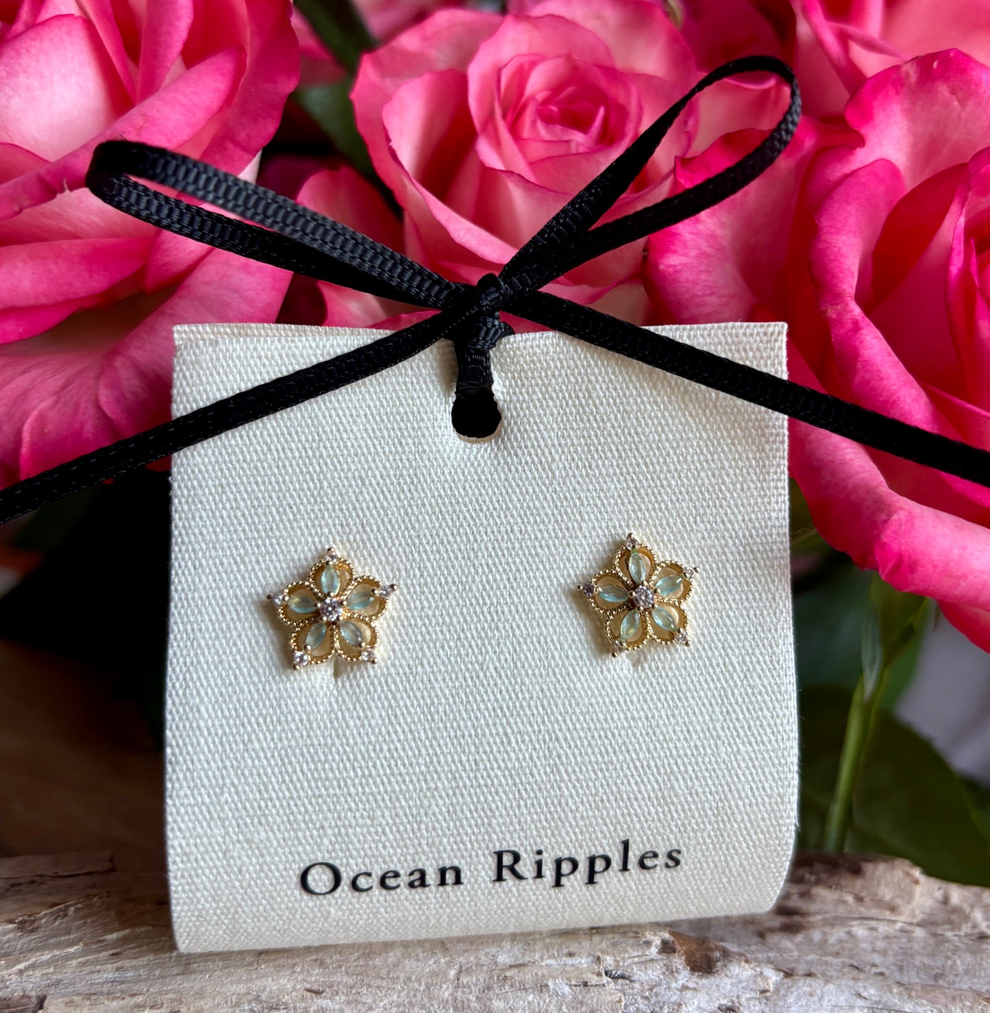 14ct Gold Plated Cubic Zirconia Green Petal Flower Earrings