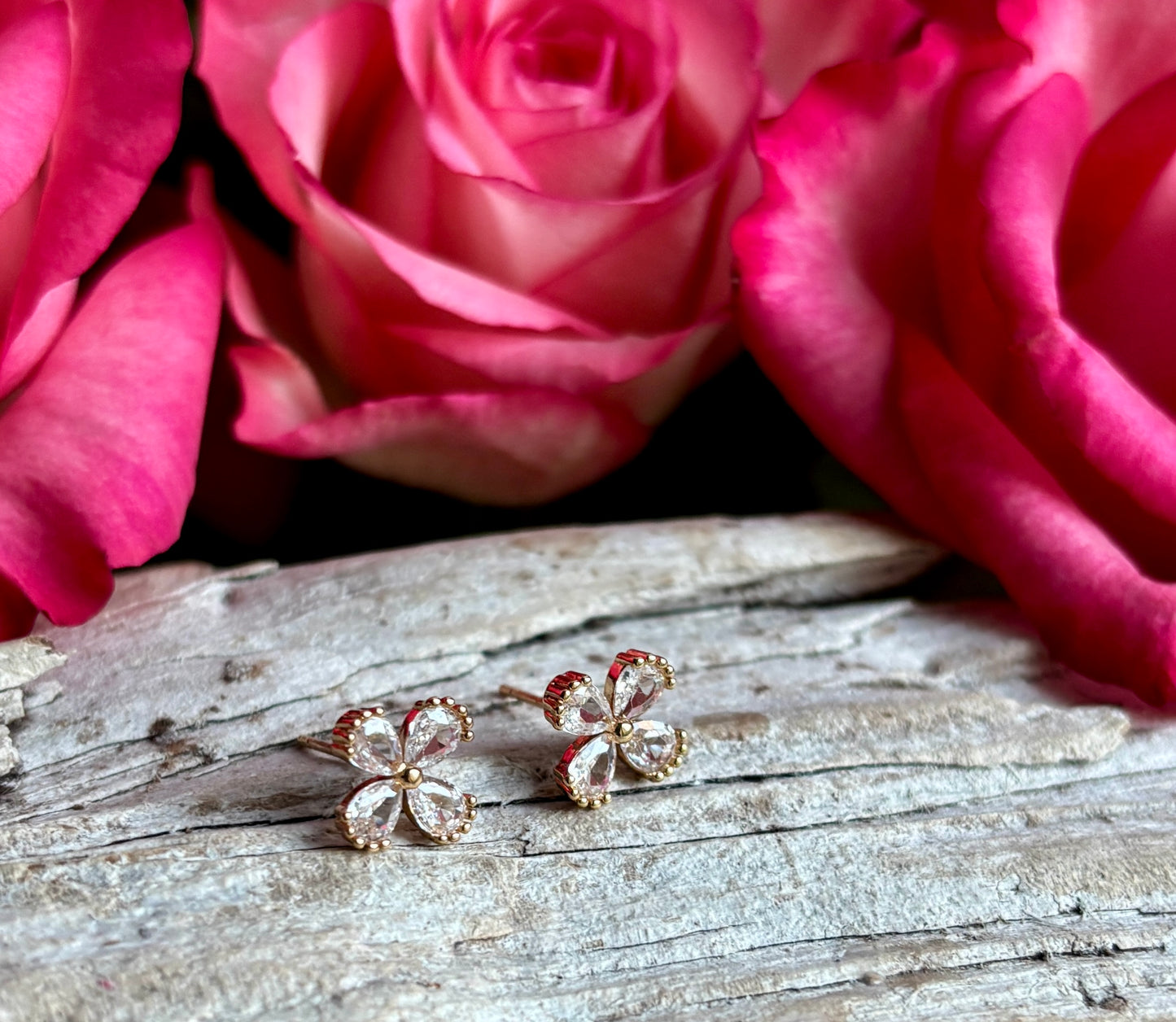 14ct Gold Plated Cubic Zirconia Clover Stud Earrings