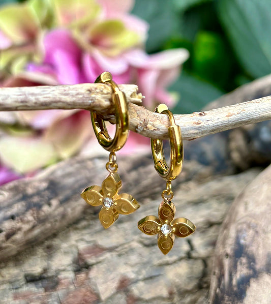 18ct Gold Plated Cubic Zirconia Clover Huggie Earrings