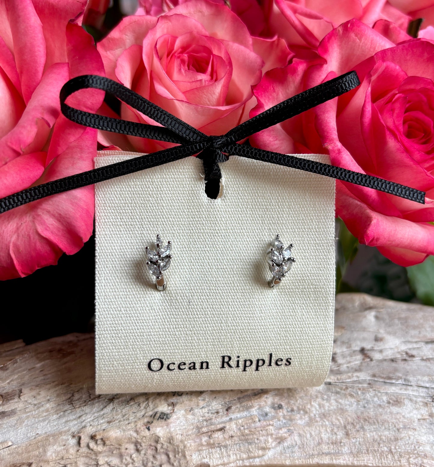 Rhodium Plated Cubic Zirconia Leaf Huggie Earrings - Available in Two Colours