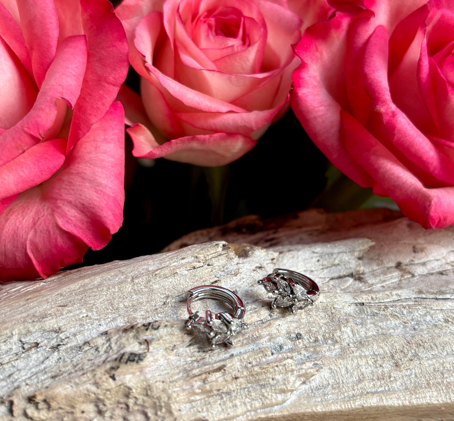 Rhodium Plated Cubic Zirconia Leaf Huggie Earrings - Available in Two Colours