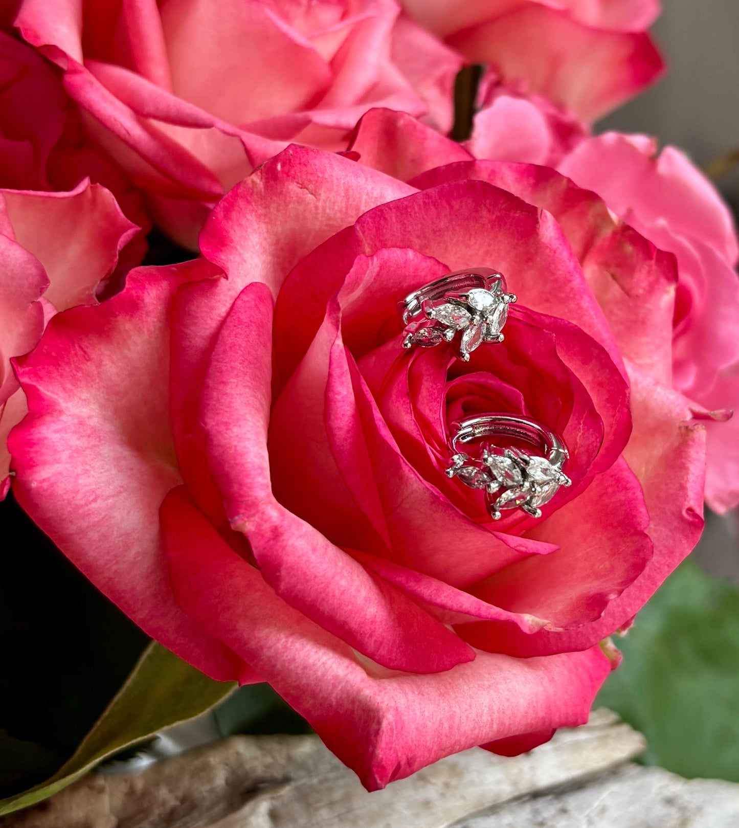 Rhodium Plated Cubic Zirconia Leaf Huggie Earrings - Available in Two Colours