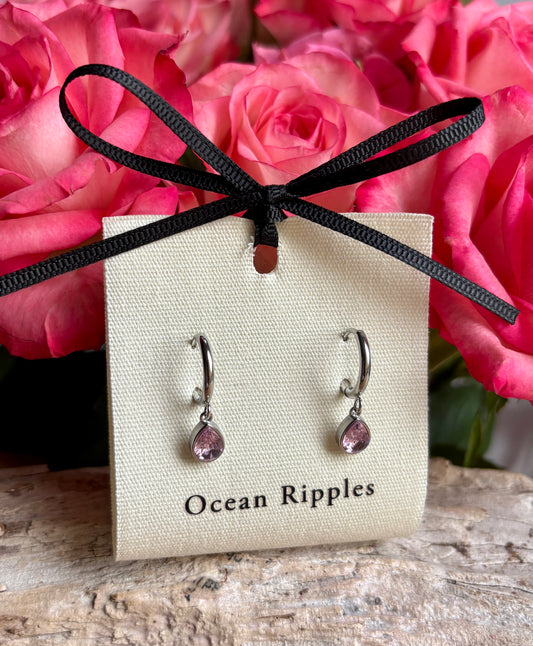 Silver Pink Cubic Zirconia Teardrop Huggie Earrings