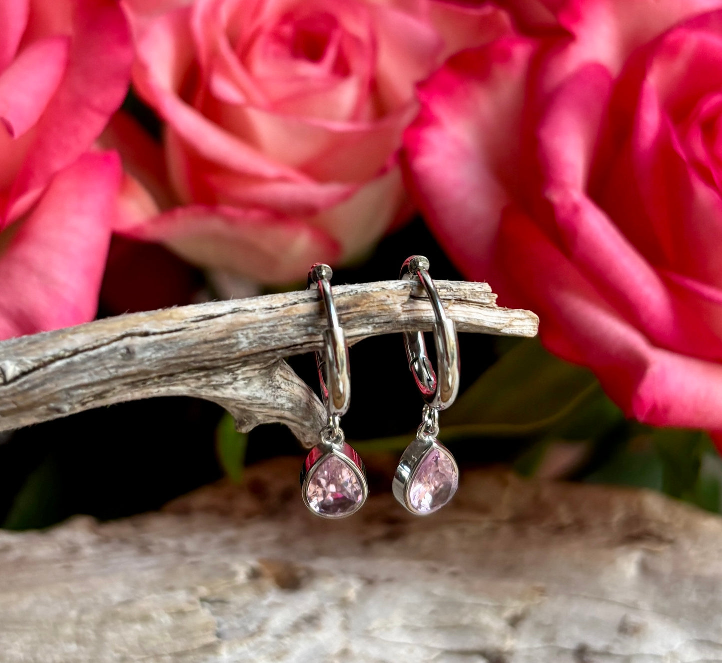 Silver Pink Cubic Zirconia Teardrop Huggie Earrings