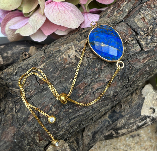 18ct Gold Plated Adjustable Lapis Lazuli Bracelet