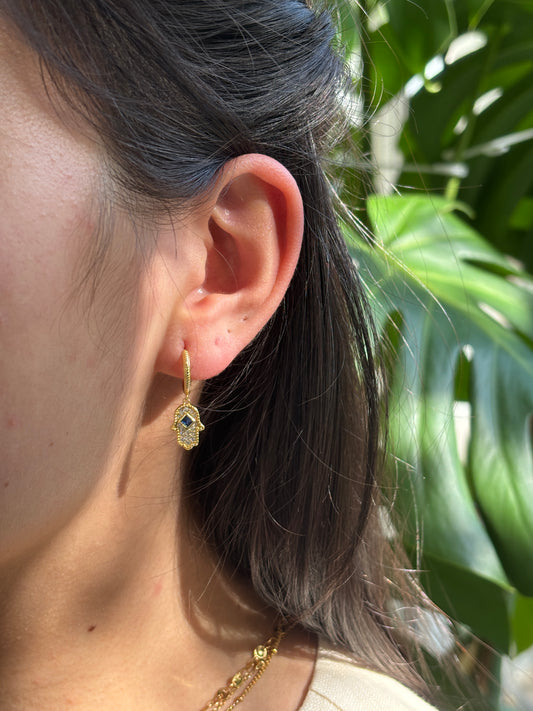 18ct Gold Plated Cubic Zirconia Hamsa Hand Huggie Earrings