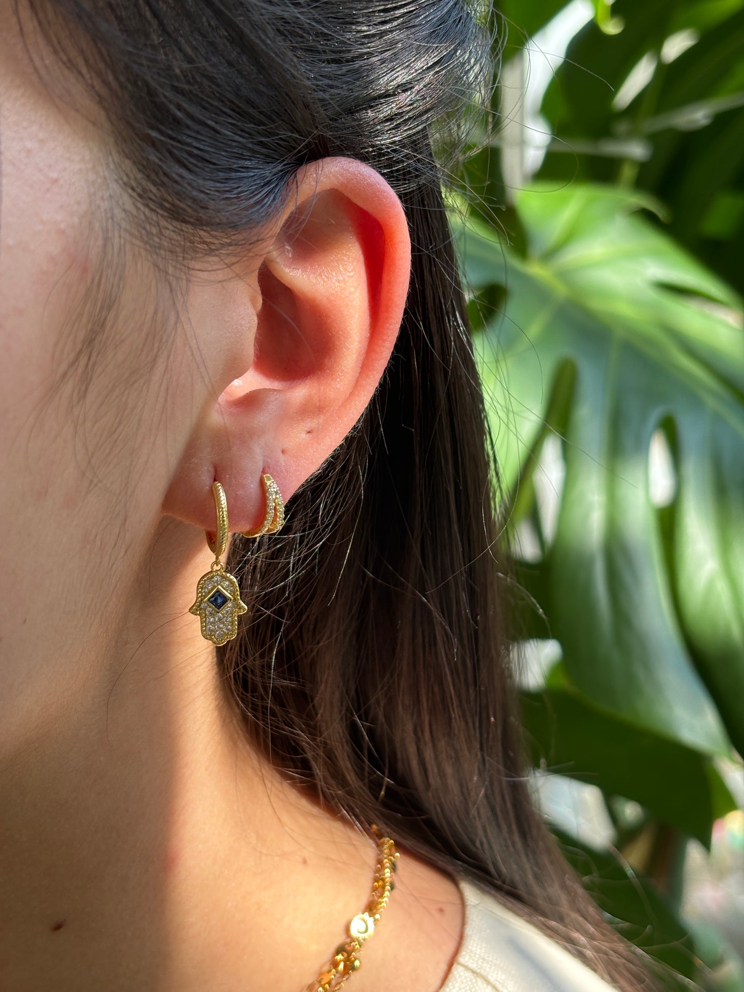 18ct Gold Plated Cubic Zirconia Hamsa Hand Huggie Earrings