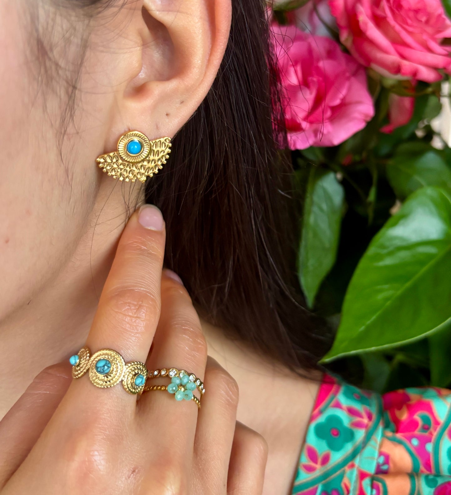 18ct Gold Plated Turquoise Beaded Ring