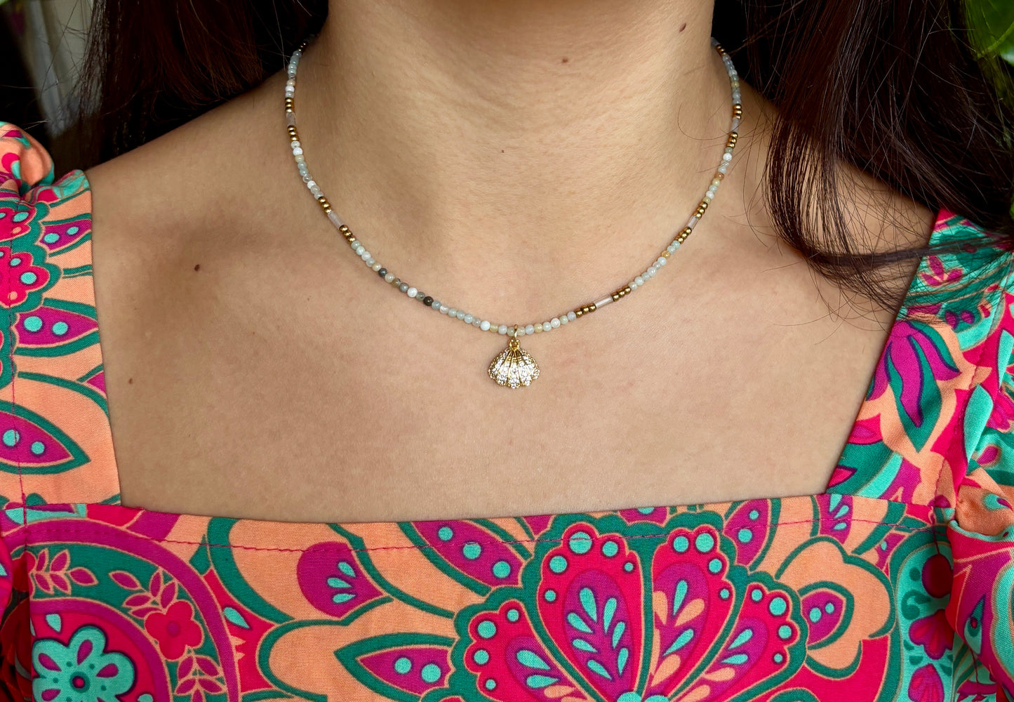 18ct Gold Plated Natural Stone Cubic Zirconia Shell Charm Necklace