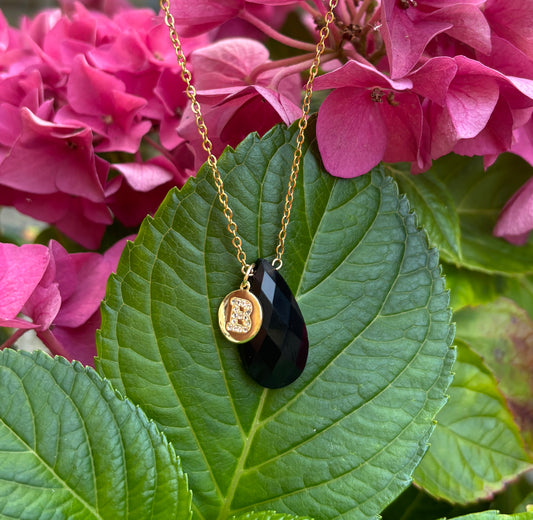 Personalised 18ct Gold Plated Black Obsidian Drop Necklace + Free Bracelet