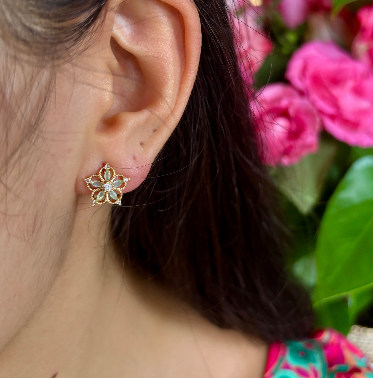 14ct Gold Plated Cubic Zirconia Green Petal Flower Earrings