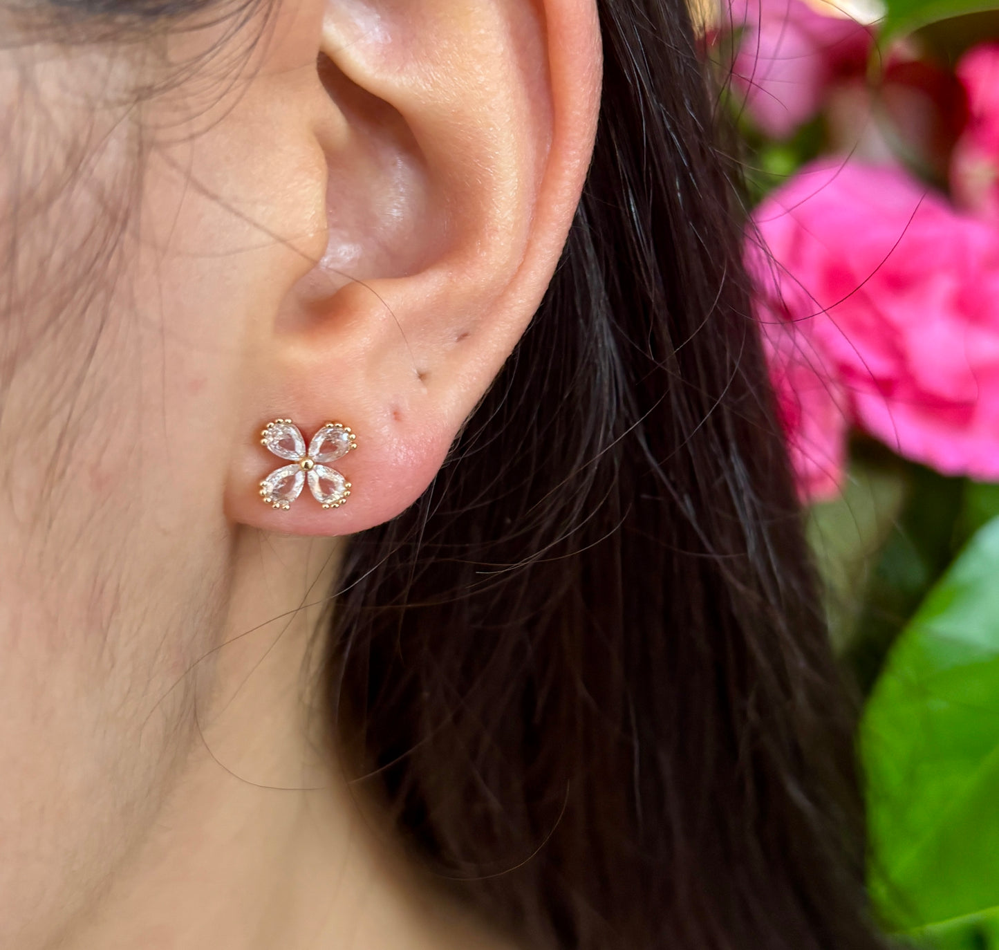 14ct Gold Plated Cubic Zirconia Clover Stud Earrings