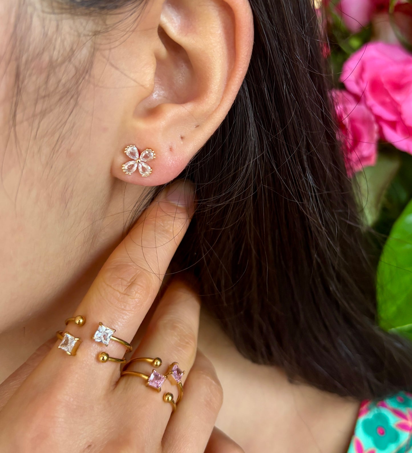 14ct Gold Plated Cubic Zirconia Clover Stud Earrings