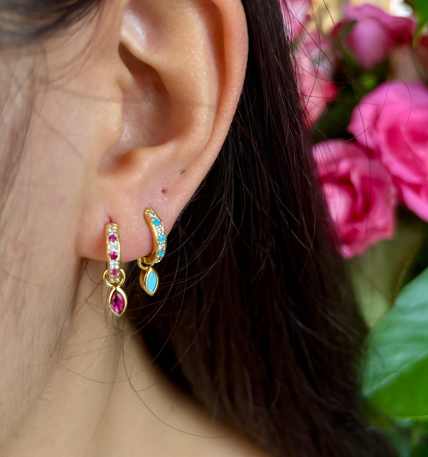 18ct Gold Plated Cubic Zirconia Drop Huggie Earrings- Available in Two Colours