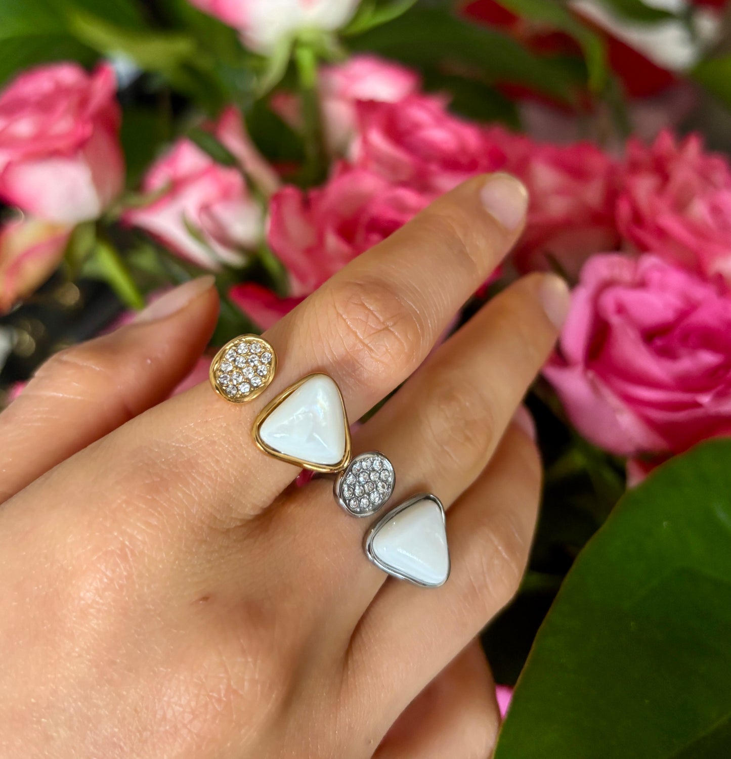 18ct Gold Plated Cubic Zirconia White Shell  Open Top Leaf Ring - Available in Silver