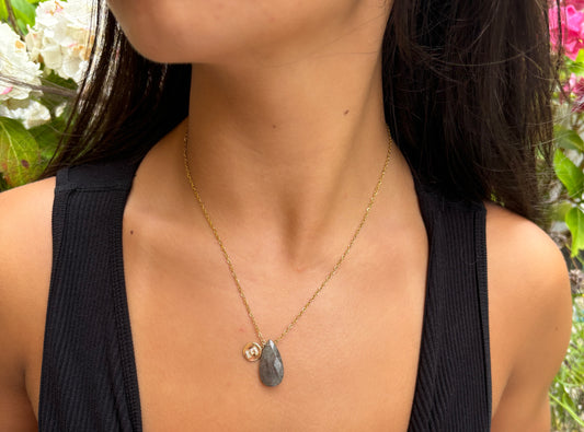 Personalised 18ct Gold Plated Labradorite Drop Necklace + Free Matching Bracelet