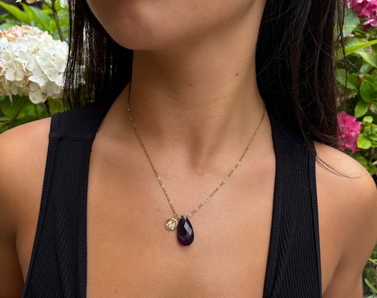 Personalised 18ct Gold Plated Black Obsidian Drop Necklace + Free Bracelet