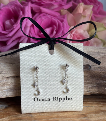 925 Sterling Silver Cubic Zirconia Star Moon Dangle Earrings 