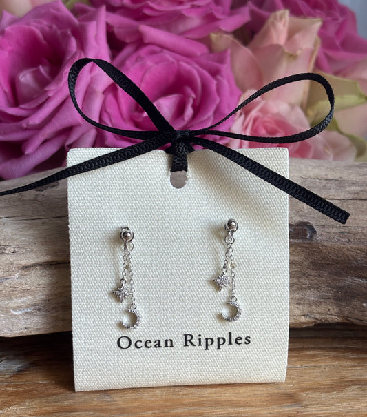 925 Sterling Silver Cubic Zirconia Star Moon Dangle Earrings 