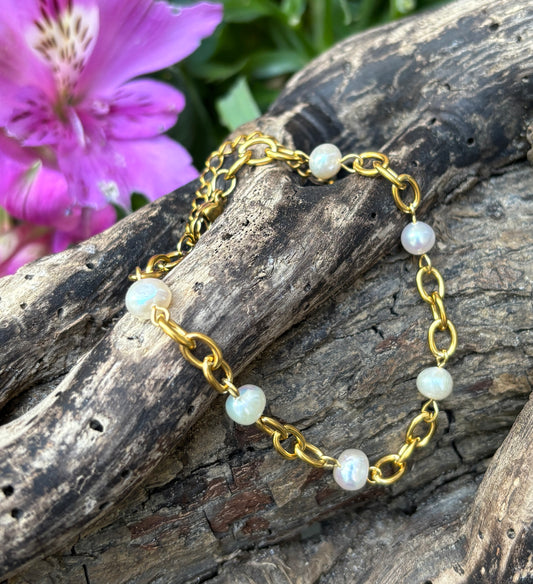 18ct Gold Plated Fresh Water Pearl Chain Bracelet