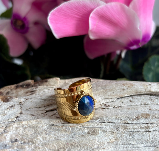 18ct Gold Plated Faceted Natural Stone Wide Band Ring - Available in Two Options