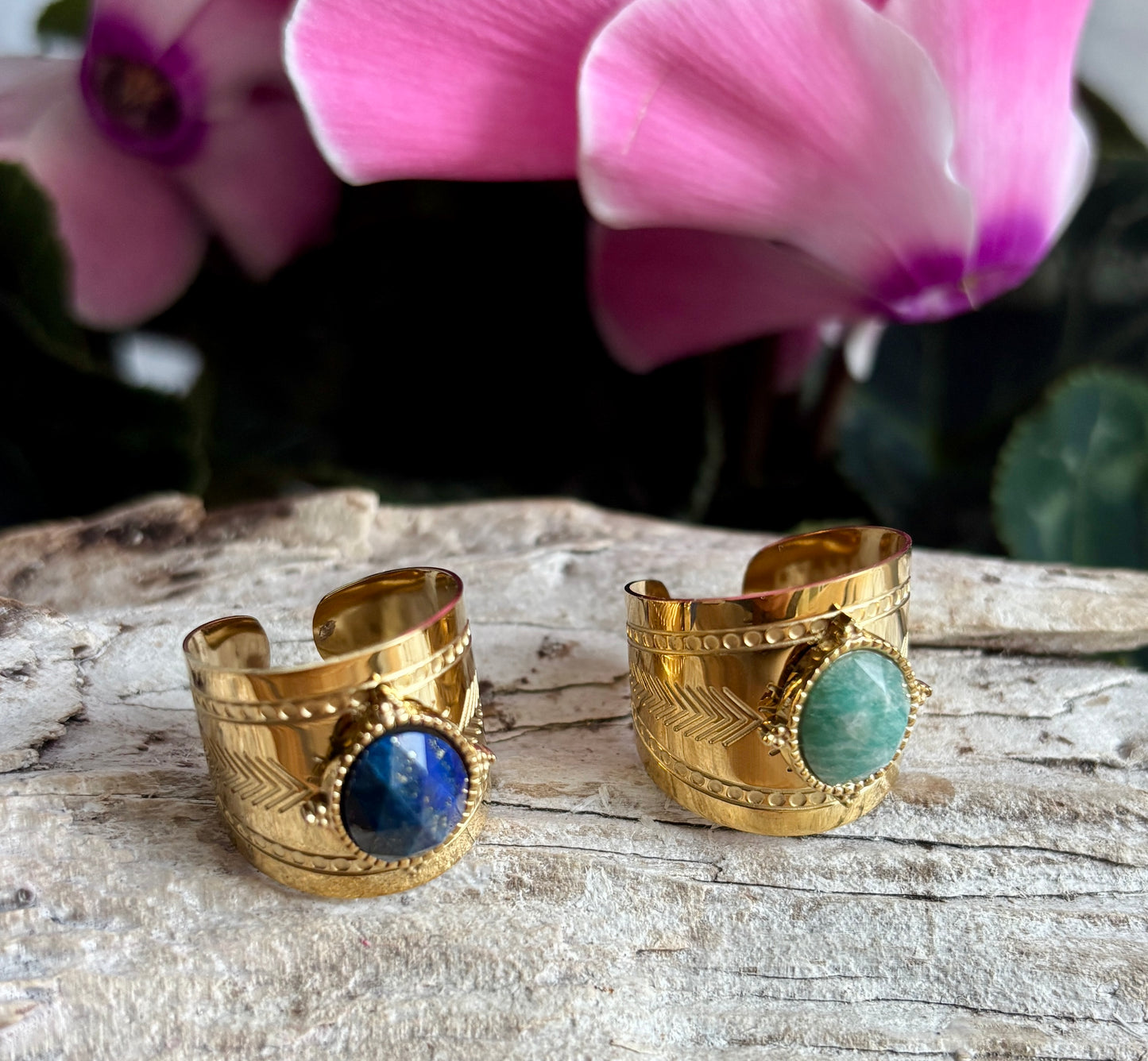 18ct Gold Plated Faceted Natural Stone Wide Band Ring - Available in Two Options
