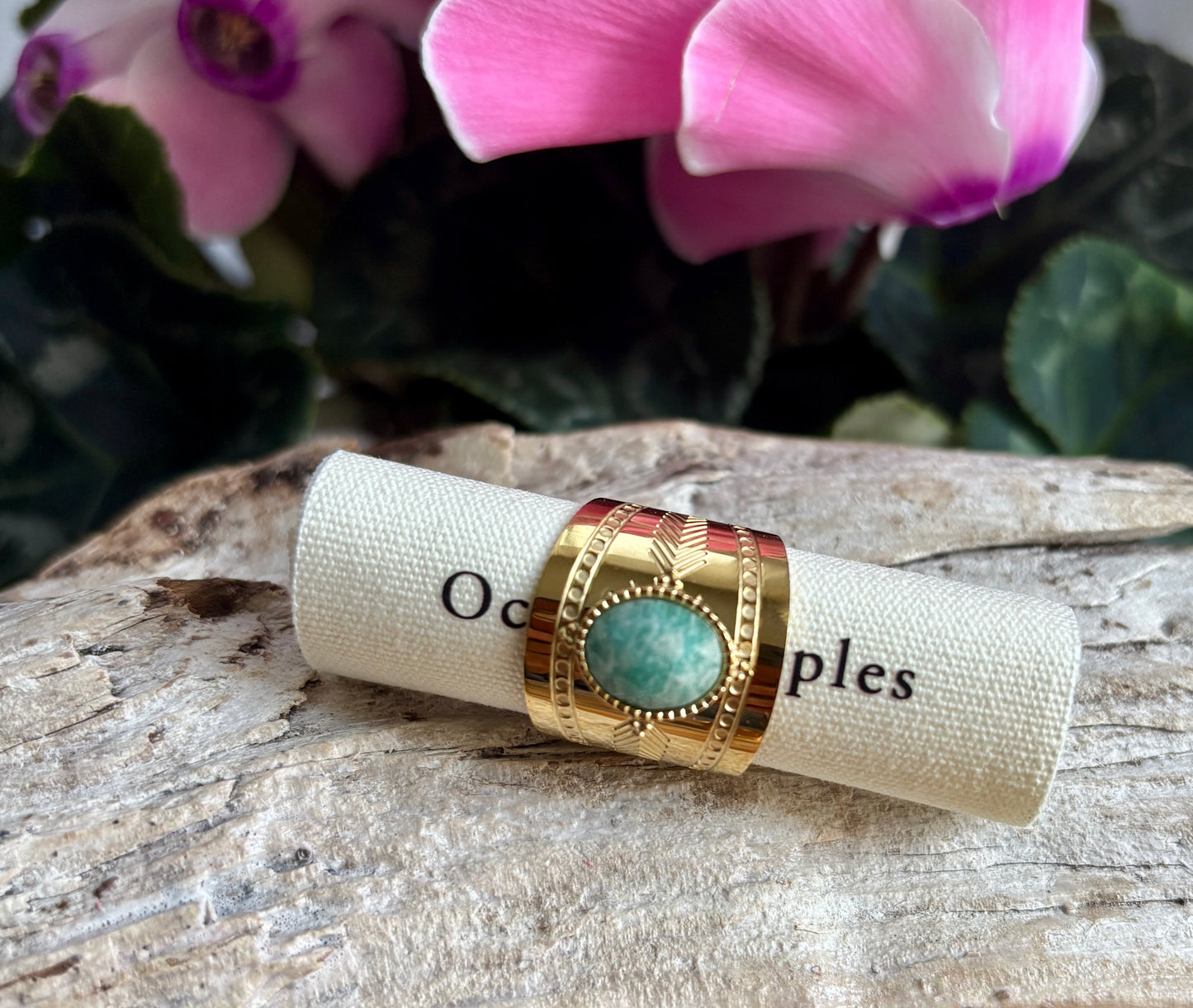 18ct Gold Plated Faceted Natural Stone Wide Band Ring - Available in Two Options