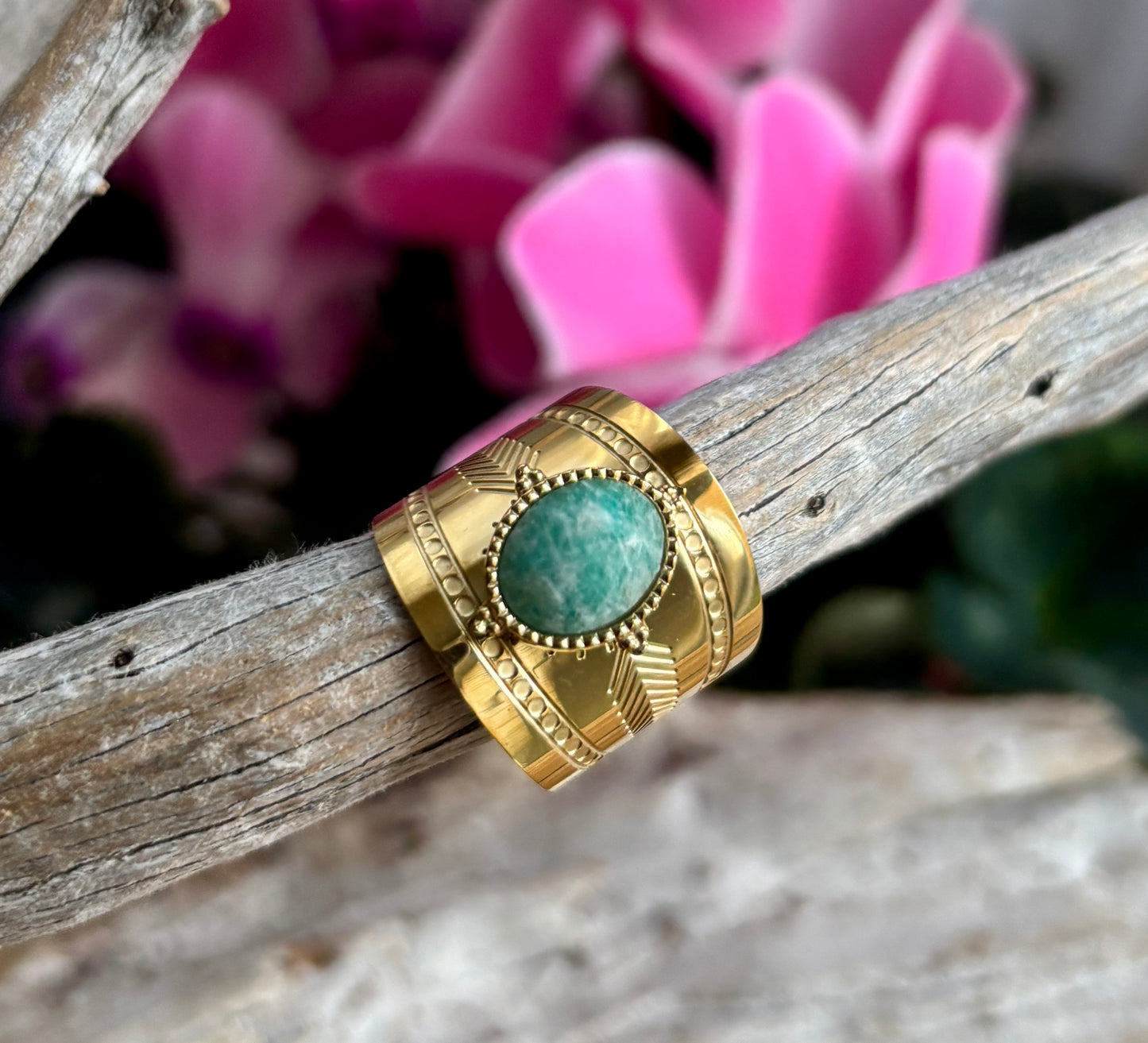 18ct Gold Plated Faceted Natural Stone Wide Band Ring - Available in Two Options