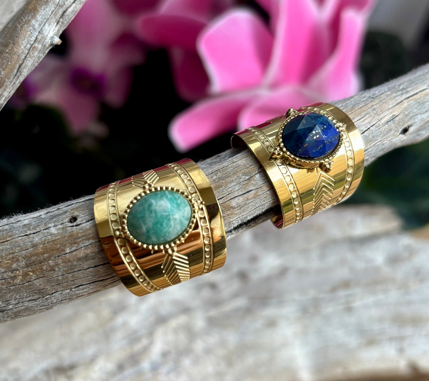 18ct Gold Plated Faceted Natural Stone Wide Band Ring - Available in Two Options